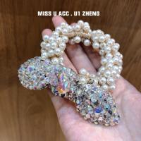 韩国ins闪亮水钻网纱珍珠蝴蝶结领结弹力珍珠头花发圈皮筋 耳朵款