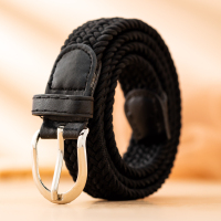 百搭松紧编织皮带女学生细款帆布牛仔裤带弹力牛仔裤带年轻人腰带 黑色(宽度2.5cm)