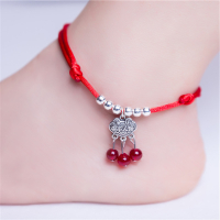 本命年铃铛脚链女红绳辟邪防小人民族风复古手工编织学生纯银简约 复古长命锁红玛瑙