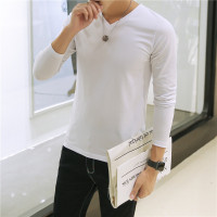 9.9特价长袖T恤男夏季纯色薄款秋衣青少年大码修身男装上衣服 V领款 白色 S