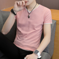 2021男士短袖t恤潮流九块九冰丝新款V领休闲9.9夏季男装好衣服 粉色N9802 XL