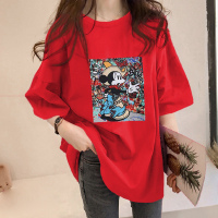 夏裝短袖t恤女2021新款韩版半袖中长T学生t桖宽松大码上衣服体桖 360#红色 M