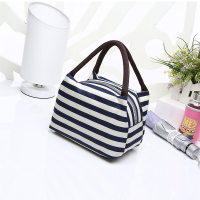 新款日式帆布手提包便当包学生饭盒袋女化妆包妈咪包饭盒包手提袋 宝蓝色 大条纹(单拉)