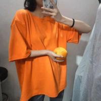 ins超火早春夏季宽松短袖T恤女韩版2020新款纯色学生上衣打底衫潮 橘橙色 M