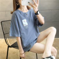 2020早春新款圆领短袖T恤女中长款学生洋气百搭宽松显瘦休闲上衣 3353蓝色 M