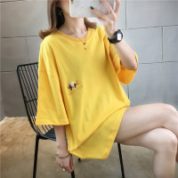 2021早春短袖t恤女重工刺绣卡通中长款宽松男女情侣学生上衣打底 黄色 M