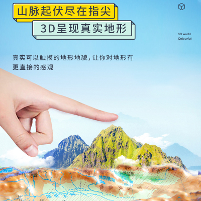 共2张[3d地图]中国地图世界地图 29*22cm 迷你版3d精雕凹凸立体地形图 学生地理地图挂图墙贴套装 三维北斗地图