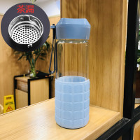 玻璃杯便携大量杯子女学生创意耐热水瓶清新可爱简约圣诞节麋鹿 (键盘玻璃杯)400ML蓝色+茶隔