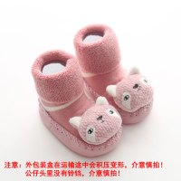 宝宝防滑地板袜春秋冬季加厚动物头婴儿保暖袜套儿童室内学步鞋袜 粉红色 粉色浣熊 1双装 袜底14/适合脚长12.5-13