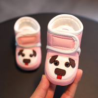 婴儿鞋新生宝宝棉鞋冬季加厚保暖软底学步不掉鞋春秋男女0-1岁8月 粉色皮质小狗薄款 内长10cm