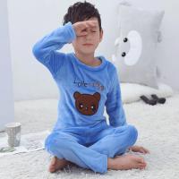 儿童法兰绒睡衣套装秋冬男女童珊瑚绒卡通绣花家居服中童加厚童装 牛仔蓝小熊 90cm