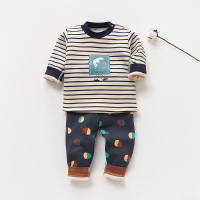 儿童内衣套装秋冬季加绒女宝宝秋衣秋裤男童保暖衣服婴儿加厚睡衣 条纹相框-藏青色 73cm(73cm（建议3-9个月）)