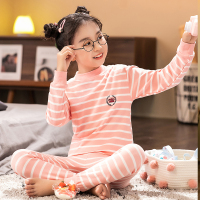 儿童内衣套装纯棉男童女童保暖全棉睡衣小孩家居服中高领秋衣秋裤 中领桔色条纹 100cm