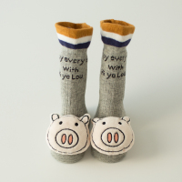 婴儿袜子宝宝纯棉春秋地板男童女童新生儿长筒儿童鞋秋冬可爱袜子 春秋灰色小猪猪 S码建议0-1岁|脚底9-13CM