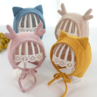婴儿帽子春秋季宝宝包头帽可爱超萌男女童保暖新生婴幼儿护耳胎帽 粉色 猫耳绑带帽 2-12个月 42-47cm