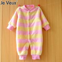婴儿法兰绒连体衣秋冬装新生儿衣服满月宝宝珊瑚绒哈衣睡衣爬服 粉黄条F 59cm(59CM/3M/建议10斤内身高56厘米