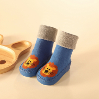 6个月婴儿鞋袜宝宝1岁女儿童学步地板袜防滑秋冬加厚软底纯棉袜套 [翻口]蓝底狮子 底长11cm(建议0-4个月)