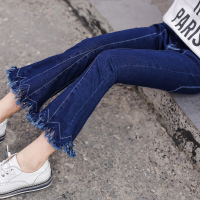 2021儿童牛仔裤女童春秋装洋气中大童女修身小脚裤子宝宝新款长裤 毛须边款喇叭裤 24码[建议身高130cm]