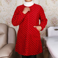 羽绒服罩衣成人女冬季加绒加厚大人护衣工作厨房吃饭外套围裙长袖 红底小黑点 M码[单穿90斤/套棉袄80斤以内]