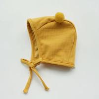 新生婴儿帽子秋冬季网红毛球可爱超萌男女宝宝纯棉胎帽0-3个月2岁 黄色 棉布内里款(适合春秋) M码|头围44-50厘米