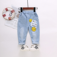 儿童裤子2021新款女童牛仔裤春秋款洋气男宝宝帅气韩版休闲长裤潮 笑脸软牛仔裤浅蓝色 80cm
