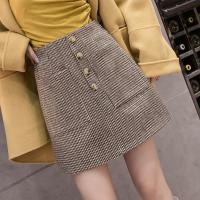 格子短裙女秋冬新款高腰A字半身裙防走古包臀裙百搭一步裙子 卡其色 48(S 有安全裤)