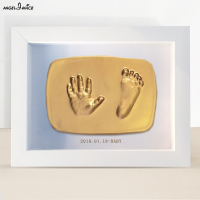 宝宝手足印泥胎发毛手脚印永久纪念品婴儿童新生相框满月百天礼物 白色手脚印框+白泥/香槟金 送胎毛瓶数字贴