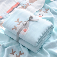 儿童浴巾纯棉吸水初生婴儿纱布被加大六层纱布盖毯被子专用大童 (80*80cm 6层)平安鹿-蓝色