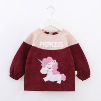 宝宝罩衣儿童小孩吃饭全身防水防脏婴儿围兜秋冬长袖护衣饭衣饭兜 细条【独角兽】枣红 90(建议年龄0~2岁)