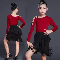 儿童拉丁舞蹈服女孩拉丁舞裙夏季少儿比赛拉丁服装女童新款练功服 酒红色 长袖酒红色单上衣 100cm