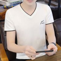 2021新款夏季男士短袖T恤纯棉V领韩版男装纯色体恤衫修身上衣服潮 W59白色 [1件装] M 建议80-100斤