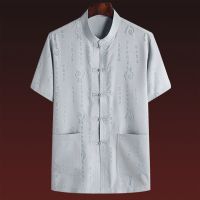 唐装男夏季中老年短袖套装晨练运动老年人爸爸装男装汉服夏天衣服 福字提花[单件上衣]灰色 39/165码 [穿95-115