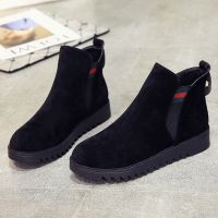 女鞋靴子2021秋冬新款韩版加绒短靴英伦风短筒雪地靴复古保暖棉鞋 黑色[单里] 35