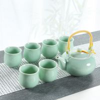 陶瓷功夫茶具套装特价大壶大杯青花瓷茶具套装家用整套托盘竹茶盘 哥窑一壶六杯 青色