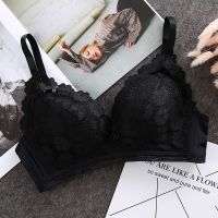 无痕无钢圏学生内衣性感蕾丝上托聚拢胸罩薄款少女一片式美背文胸 黑色 32/70AB通用