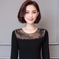 [单款/加绒 ]秋冬保暖蕾丝加绒打底衫大码女装长袖高领弹力T恤 春秋款-孔雀舞 不加绒 M 80-90斤