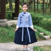 儿童古装汉服国学服中小学生诗歌诗朗诵演出服男女童中国风合唱服 女款蓝色 上衣+裙子+腰带 110