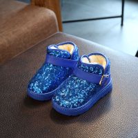 冬季童鞋儿童雪地靴女童靴子 宝宝棉鞋女童短靴 加绒保暖棉靴亮片 329蓝色 33 内长19.5cm