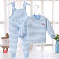 儿童保暖套装男女童三层保暖夹棉背带裤内衣套装婴儿开裆护肚套装 蓝色(套头背带款) 73 #