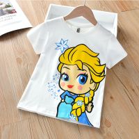 儿童短袖t恤纯棉2020新款卡通动漫洋气网红中小女孩男童宽松上衣 艾莎公主 90 推荐身高85-90CM