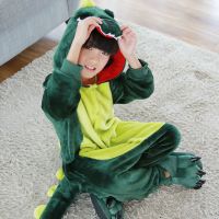 秋冬亲子儿童恐龙连体睡衣女童男孩珊瑚法兰绒可爱卡通动物家居服 绿恐龙 100 建议身高90-105cm