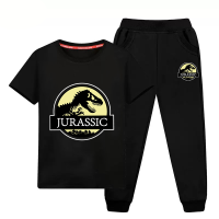 胖童装男童加肥加大夏装套装中大童纯棉短袖t恤两件套运动服男孩9 侏罗纪黑+黑长裤 100cm(建议20-30斤)