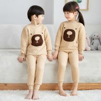 儿童保暖内衣套装纯棉中大童三层夹棉男童女童小孩秋衣秋裤棉毛衫 夹棉卡其 饼干熊 100 适合身高95CM左右