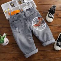 男童2019夏装新款软牛仔中裤儿童五分裤中大童破洞短裤薄款童装潮 [单件]球鞋压花灰色 无腰带 160 建议身高150-