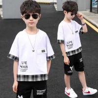 男童春装套装儿童8运动9春季10休闲卫衣两件套13大童男装12岁男孩 男童格子短袖套装[白色] 120 建议身高110-