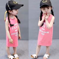 女童连衣裙夏季公主裙可爱宝宝洋气睡裙 中小童无袖背心T恤长款裙 小桃红 英文 90 cm