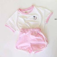 纯棉男童运动套装女童2020新款水果刺绣棉质彩色短袖裤宝宝两件套 粉色水蜜桃 80