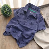 男童短袖T恤2020夏装儿童纯棉鲨鱼2粒扣半袖上衣中大童翻领POLO衫 蓝色 鲨鱼短袖POLO(普蓝) 110