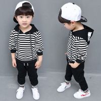 新款男童春秋装夏儿童装男装套装3周岁半5小男孩子1宝宝0衣服2条4 潮童条纹黑色 80 (0-11个月身高65-75)
