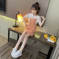 女童夏装套装2020新款韩版女孩儿童夏季时髦衣服大童背带裙两件套 单桔色背带裙 110